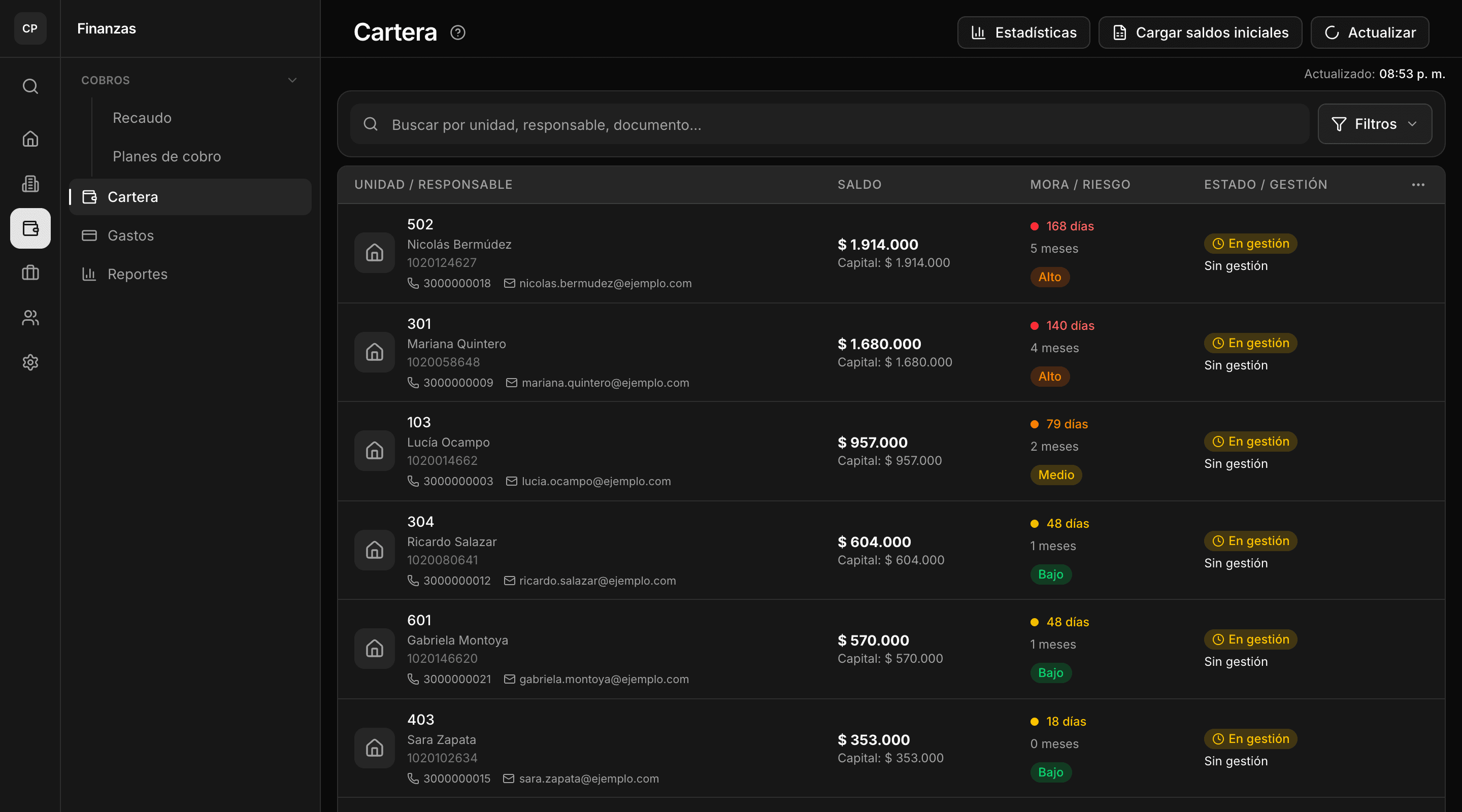 Listado de cartera: unidades con saldo pendiente, días de mora, nivel de riesgo y responsable de cada una
