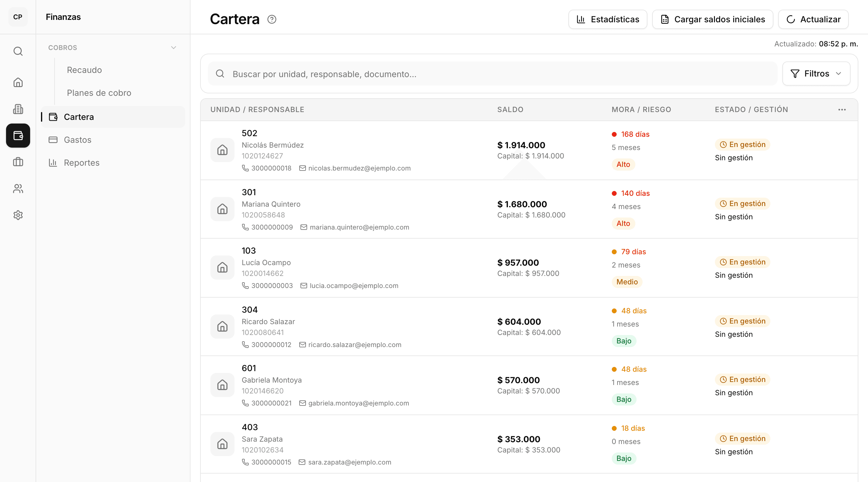 Listado de cartera: unidades con saldo pendiente, días de mora, nivel de riesgo y responsable de cada una